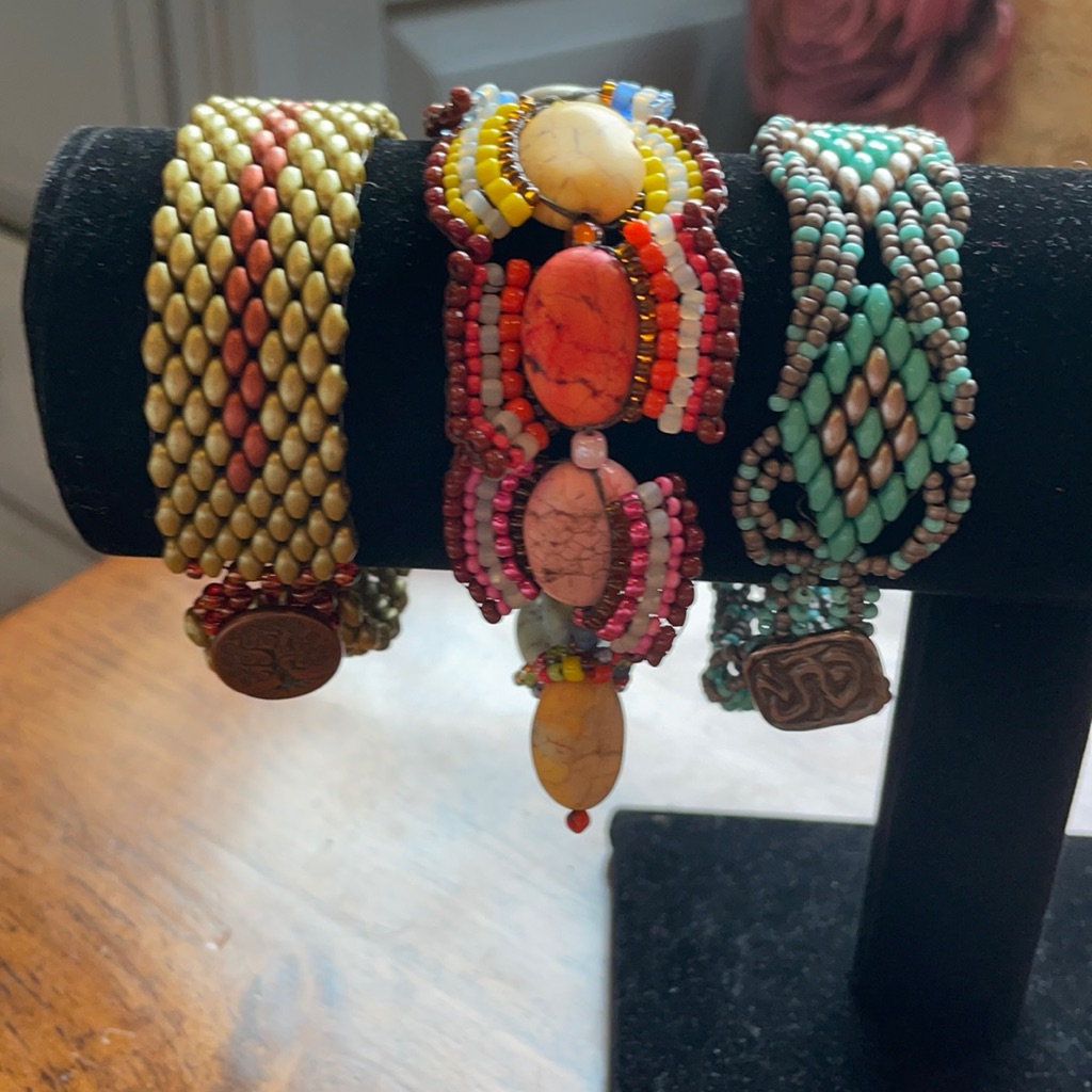 Three Beaded Bracelets With Button Hole Closure